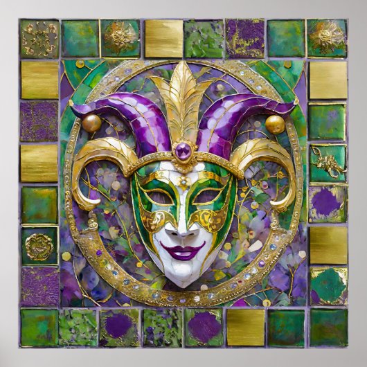 Poster Masque Mardi Gras Jester Vert Or (Devant)