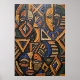 Poster Masque Tribal Africain Géométrique Orange Bleu Gra