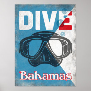 Poster Masque vintage de plongée à l'air des Bahamas