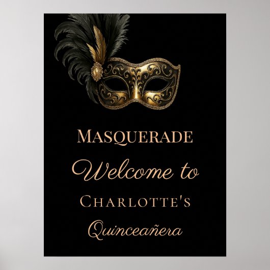 Poster Masquerade black gold Quinceanera welcome (Devant)