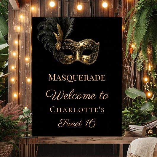 Poster Masquerade black gold Sweet 16 welcome