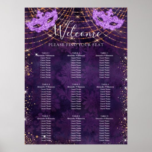Poster Masquerade violet parties scintillant 9 tables (Devant)