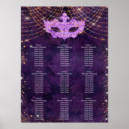 Poster Masquerade violet parties scintillant 9 tables (Devant)