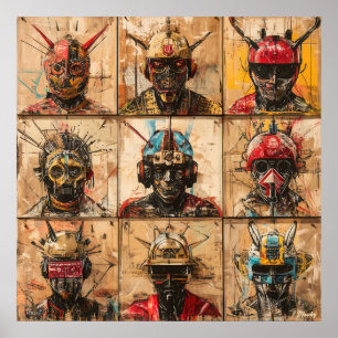 Poster Masques de guerrier futuristes dans une grille abs
