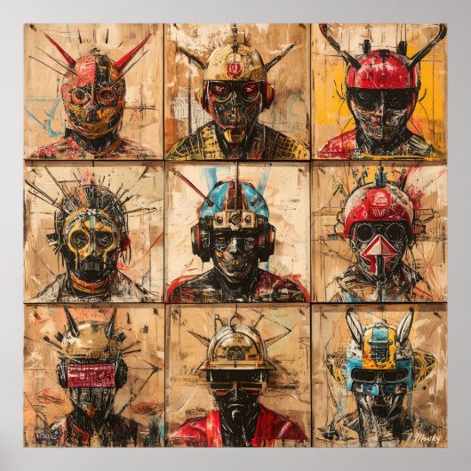 Poster Masques de guerrier futuristes dans une grille abs (Devant)
