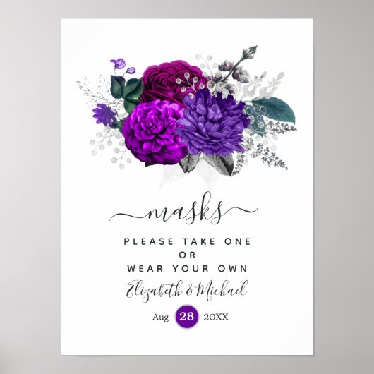 Poster Masques de mariage floraux violet royal et argent (Devant)