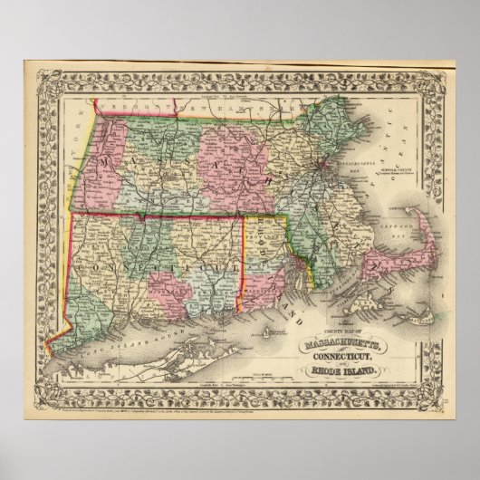 Poster Mass, Conn, RI Map par Mitchell (Devant)