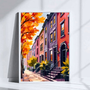 Poster Massachusetts d'aquarelle Boston Brownstones