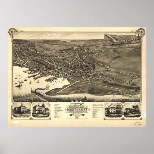 Poster Masse de Nantucket Beach. Carte panoramique antiqu (Devant)