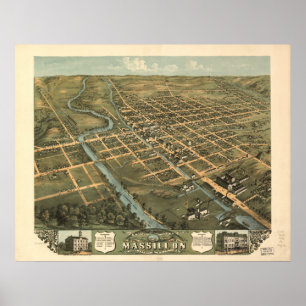 Poster Massillon Ohio 1870 Carte panoramique antique