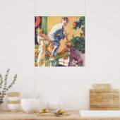 Poster Matin de Noël Vintage, Enfants avec Présents (Cuisine)