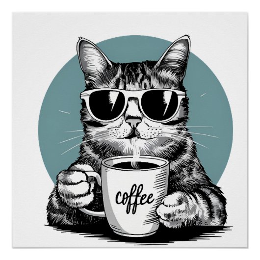 Poster Matins de chat cool � Caf�, Lunettes de soleil & A (Devant)