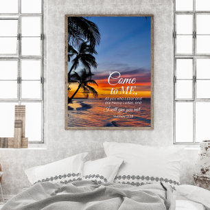 Poster Matthieu 11:28 Bible Verse Palmiers Coucher de sol