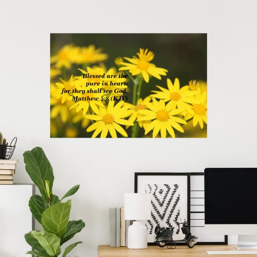 Poster Matthieu 5:8 Verse biblique avec des fleurs dorées (Bureau à domicile)