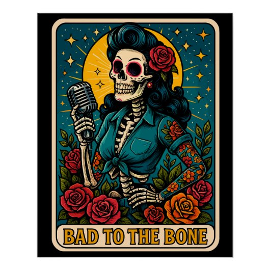 Poster Mauvais à Bone Retro Squelette chanteur (Devant)