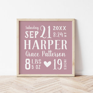 Poster Mauve Baby Girl Birth Stats Keepsaké
