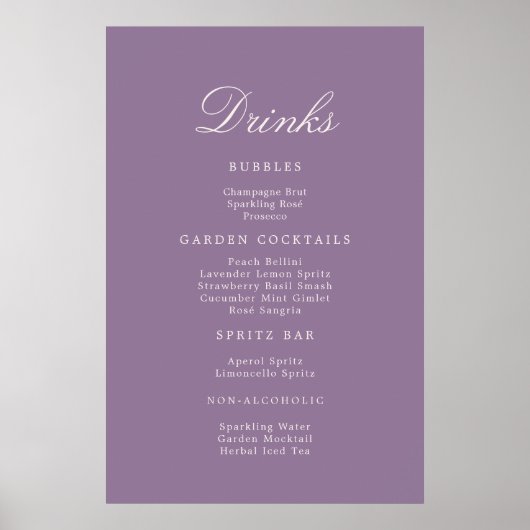 Poster Mauve Calligraphy Wedding Drinks Menu Sign (Devant)