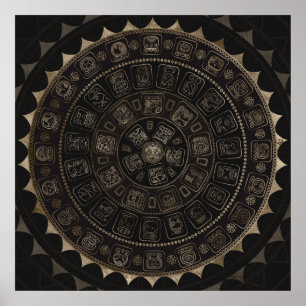 Poster Maya Calendrier Glyphes Pastel Or sur brun