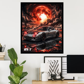 Poster Mazda RX-7 sous une lune cramoisie