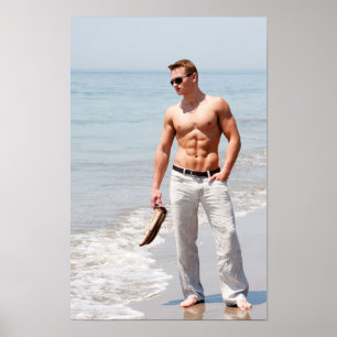 Poster Mec torse nu musculaire abdos plage sans chemise