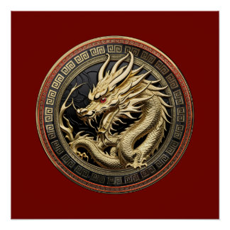 Poster Médaillon de dragon oriental sacré en or