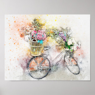 Poster Médias vélo de mélange d'aquarelle et fleurs 1