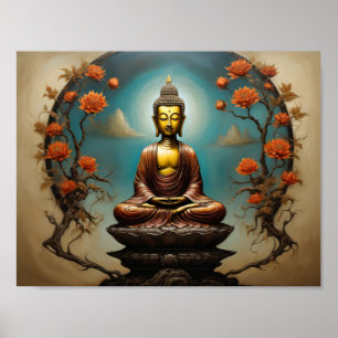 Poster Méditant Bouddha Gautama avec arbre fleuri