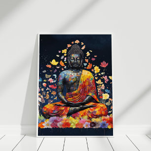 Poster Méditer le Bouddha avec des Fleurs sauvages coloré