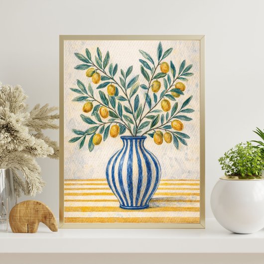 Poster Mediterranean Lemon Branch in Blue Vase – Rustic
