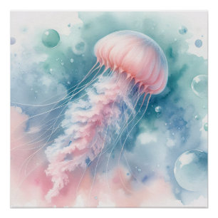 Poster Méduse aquarelle rose délicate