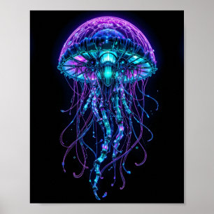 Poster Méduse Cyberpunk – Néon Bioluminescent Profond