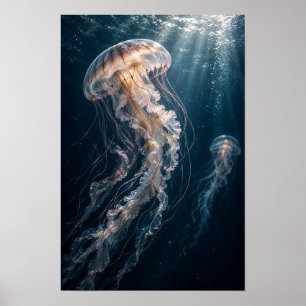 Poster Méduse Lumineuse Derivant à Travers l'Océan Bleu P