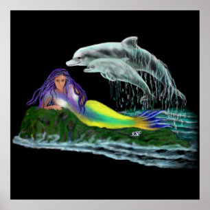 Poster Meerjungfrau mit Delfinen