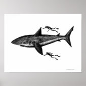 Poster Megalodon requin et plongeurs cool encre dessin (Devant)