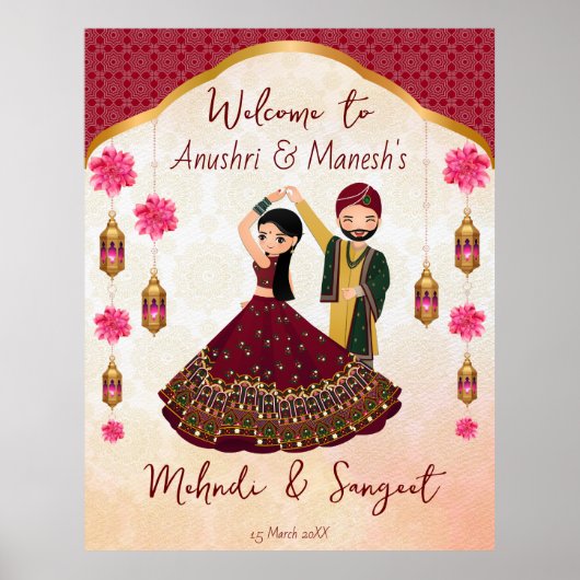 Poster Mehndi sangeet dansant couple indien lotus Arabe (Devant)
