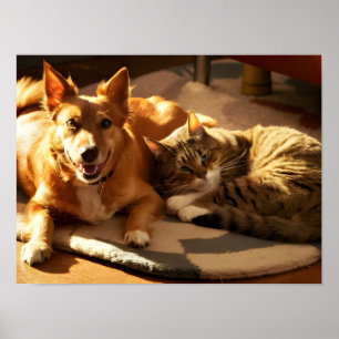 Poster Meilleurs amis animaux : Chien orange et chat