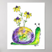 Poster Mélange Whimsical Happy Snail avec Fleurs Jaunes (Devant)