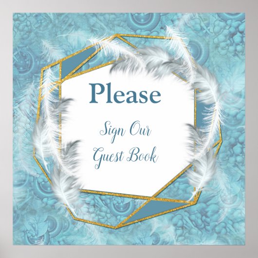 Poster Mélanger Motif bleu, plumes et dentelle blanche (Devant)