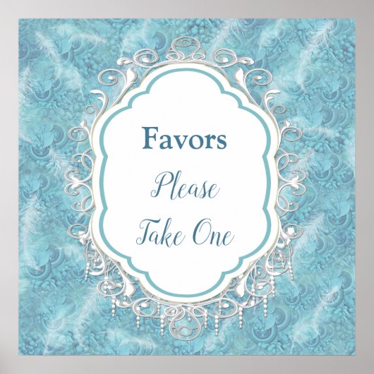 Poster Mélanger Motif bleu, plumes et dentelle blanche (Devant)