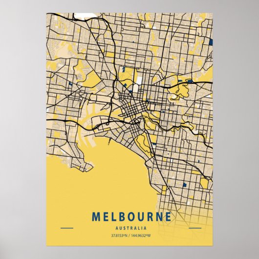 Poster Melbourne - Australie Carte de la ville jaune (Devant)