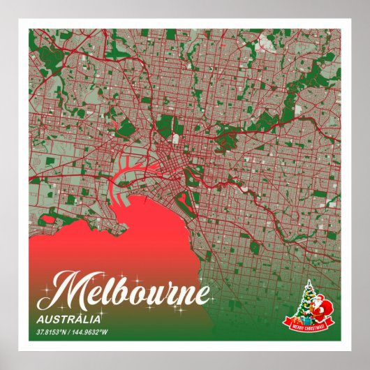 Poster Melbourne - Australie Couleur de Noël Carte de la  (Devant)