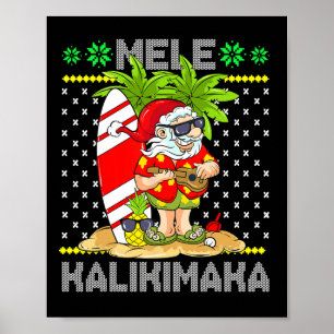 Poster Mele Kalikimaka Santa Claus Surfer Guitare Hawaïen