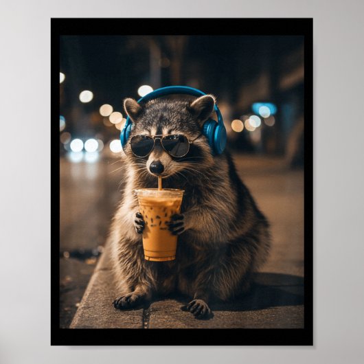 Poster Mème d'animal drôle raton laveur buvant du café gl (Devant)