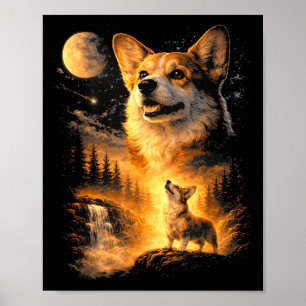 Poster Mème vintage de corgi hurlant à la lune animal 90s