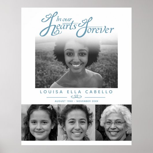 Poster Mémorial dans les cœurs photos funérailles gris bl (Devant)