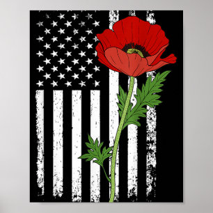 Poster Memorial Day Red Poppy American Flag Veteran Milit