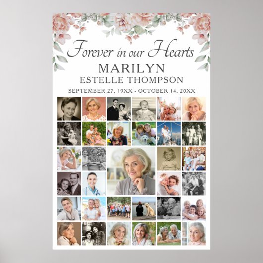 Poster Mémorial rose floral Forever Hearts 33 Photo (Devant)