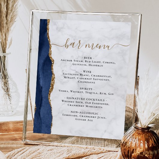 Poster Menu Bar de Mariage Bleu Nuit Agate Marbre