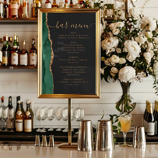 Poster Menu Bar de Mariage Émeraude Vert Or Agate Foncé