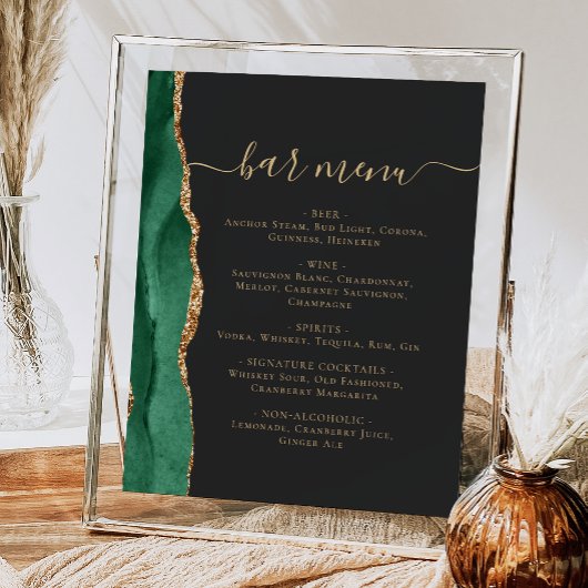 Poster Menu Bar de Mariage Émeraude Vert Or Agate Foncé
